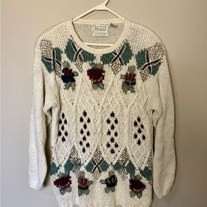 Shenanigans Vintage Hand Knit Cream Sweater with Floral and Geometric Patterns